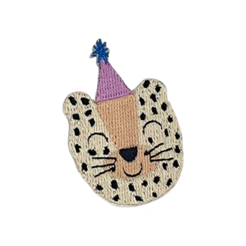 Smiling leopard face with party hat embroidered iron on patch