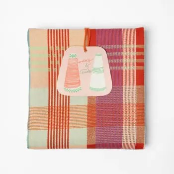 Foekje Fleur Odds & Ends Wild Weave tea towel #127B made from recycled cotton with colorful woven stripes in warm earthy tones.