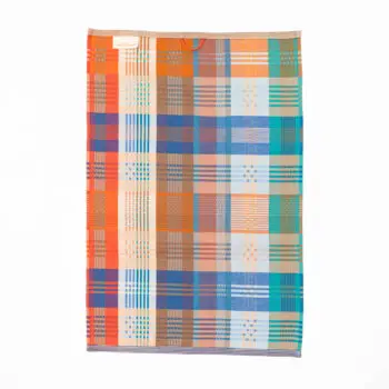 Foekje Fleur Odds & Ends Wild Weave tea towel #128B made from recycled cotton with colorful woven stripes in warm earthy tones.